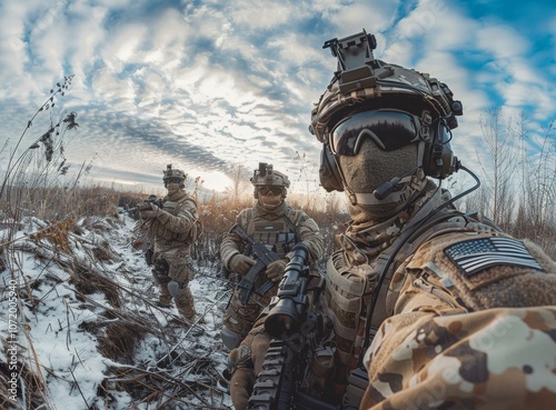 Three soldiers in the middle of a snowy field during the day holding guns photo