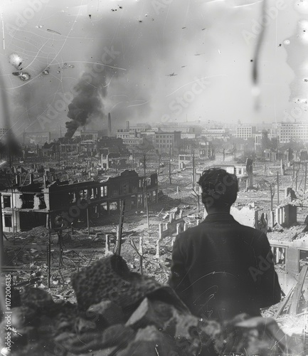 A boy looking at the ruins of Hiroshima after the atomic bomb was dropped