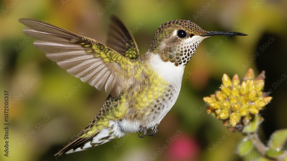 Obraz premium A hummingbird hovers in mid-air, its wings a blur as it feeds on nectar from a flower.