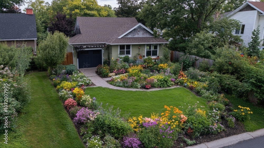 Obraz premium Aerial view of a small front lawn with artistic garden designs and seasonal blooms around the border.