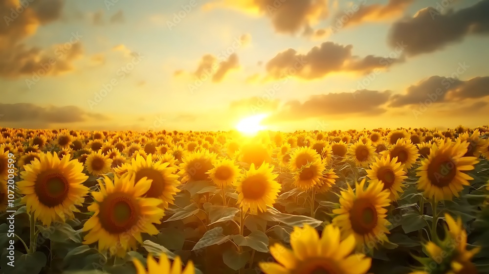 Obraz premium A field of sunflowers basking in the golden glow of a sunset.