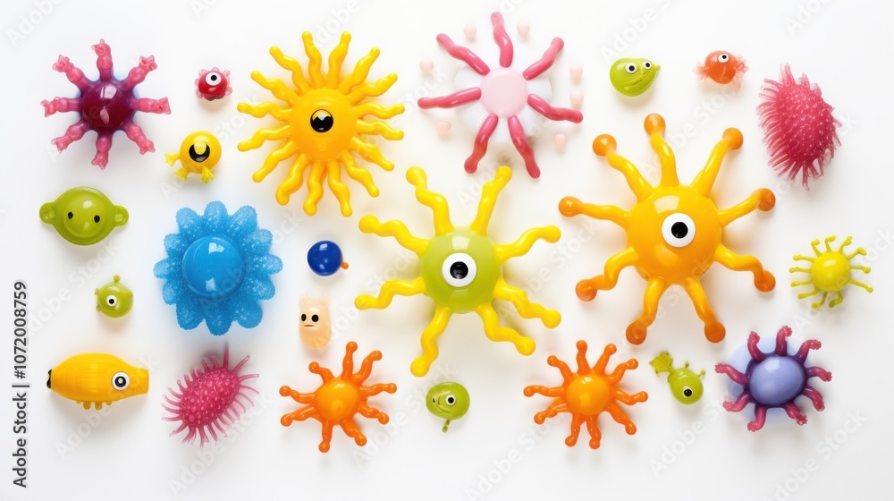 Fototapeta premium A playful assortment of colorful toy viruses and bacteria on a white background, making learning about microbiology fun.
