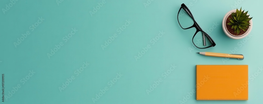 A stylish workspace setup with glasses, a succulent plant, a yellow notebook, and a pencil on a vibrant teal background. A stylish workspace setup with glasses, a succulent plant, a yellow notebook, and a pencil on a vibrant teal background.