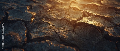 Sunlight bathes the cracked, parched earth in a warm glow, highlighting the textures and tones of dryness, evoking themes of drought and resilience. photo