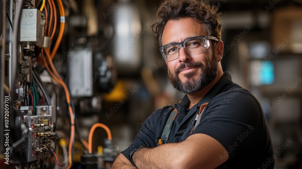 A self-assured engineer stands in a workshop with arms crossed, wearing safety glasses and surrounded by electronic equipment, symbolizing confidence and expertise. A self-assured engineer stands in a workshop with arms crossed, wearing safety glasses and surrounded by electronic equipment, symbolizing confidence and expertise.