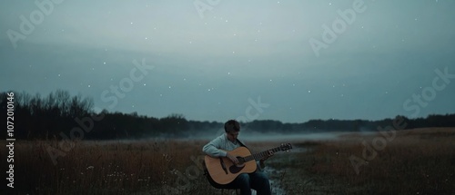 Under a twilight sky, a lone guitarist strums an acoustic guitar amidst an open field, surrounded by murmurs of nature's gentle embrace. photo