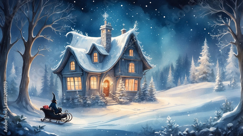 Enchanted Christmas Eve: A Cozy Forest Snowy Wonderland with illuminated House and Stars