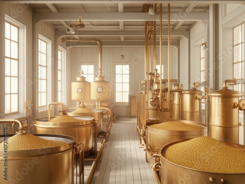 Detailed view of the interior of a gold processing plant, showing tanks and processing chambers filled with gold ore slurry photo