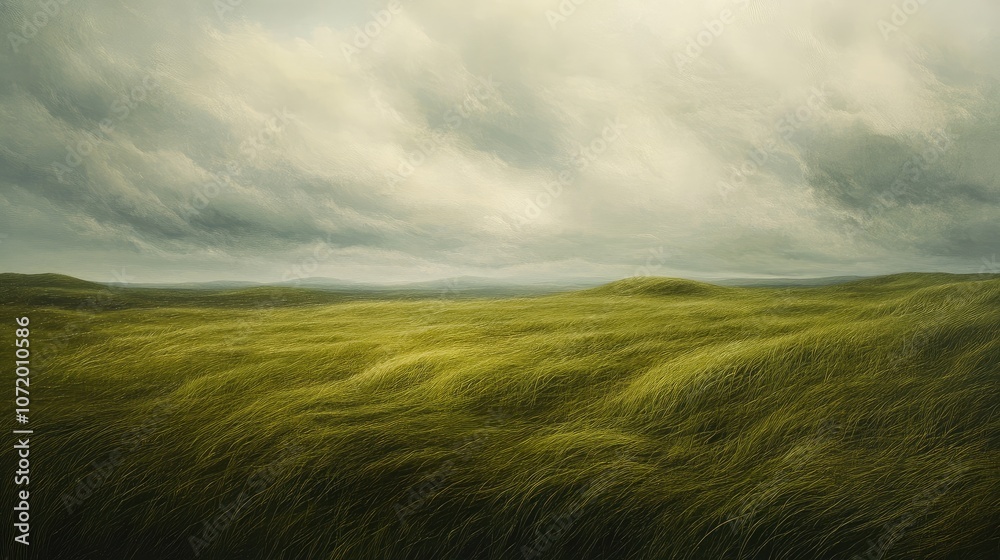 Fototapeta premium Expansive view of a green field under cloudy skies, with grass bending gently in the wind.