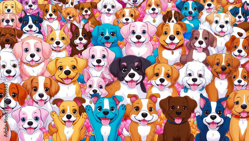 Joyful Pups in Pastel Paradise: A Playful Anime Dog Celebration