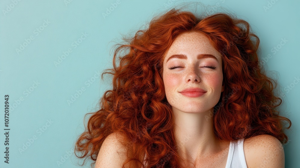 Naklejka premium Woman with vibrant red curly hair and serene closed eyes, in a contemplative mood against a blue background, conveying calmness and self-reflection.