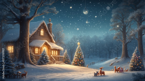 Enchanted Christmas Eve: A Cozy Forest Snowy Wonderland with illuminated House and Stars