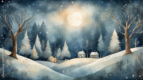 Enchanted Christmas Eve: A Cozy Forest Snowy Wonderland with illuminated House and Stars