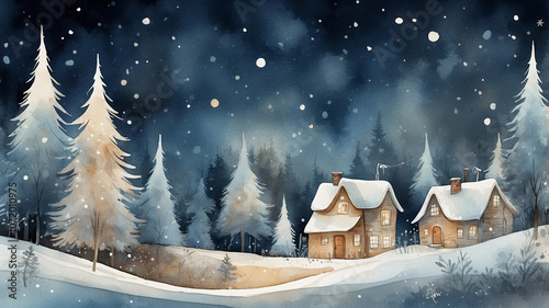 Enchanted Christmas Eve: A Cozy Forest Snowy Wonderland with illuminated House and Stars