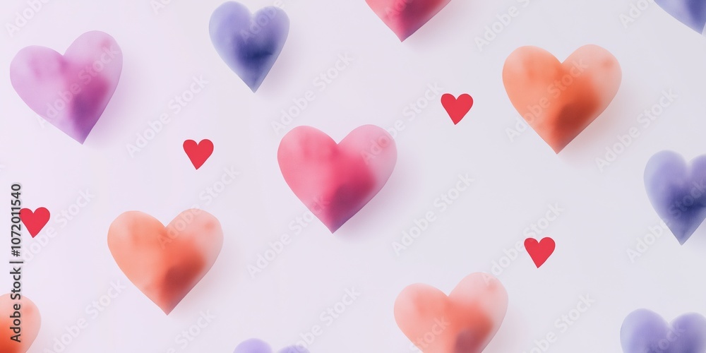 A bunch of hearts are painted on a white background. The hearts are of different colors and sizes, and they are arranged in a pattern. Scene is one of love and affection A bunch of hearts are painted on a white background. The hearts are of different colors and sizes, and they are arranged in a pattern. Scene is one of love and affection