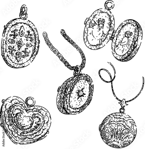 locket set hand drawn. antique jewelry, charm necklace, retro classic locket vector sketch. isolated black illustration