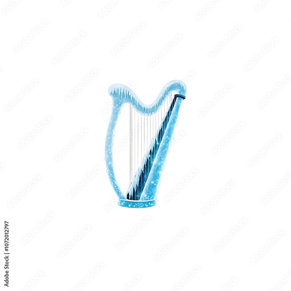Obraz premium A single harp made of shimmering icicles, glowing with soft blue and silver hues,white background,vector illustration