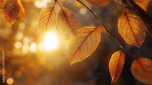 Close-up of a yellow autumn leaf. A bright orange tree changes with a blurred bokeh background. Golden colors in the park on a light, sunny, and warm October day generative ai