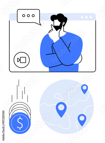 Man engaged in a virtual meeting while thinking, video call icon, coins, and map with location pins. Ideal for remote work, virtual meetings, global business, finance, investment strategies online