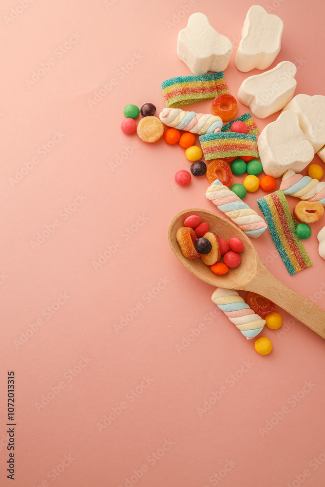 Obraz premium Assortment of sweets on a soft pink background, banner, advertising
