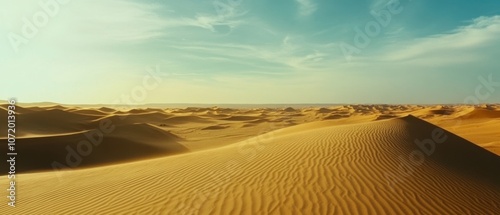 Immense and serene desert landscape, featuring undulating sand dunes under a bright, clear sky. photo