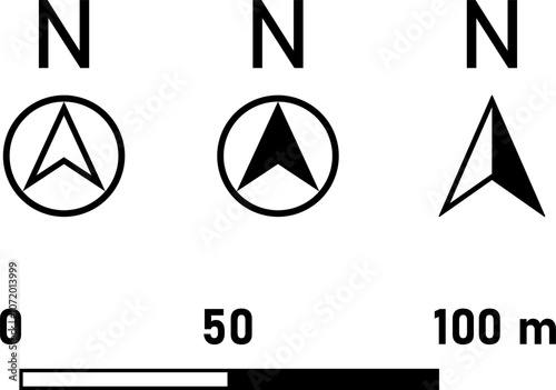 Basic Black Round North Mark Arrow Sign Symbol in Circle and Scale Icon and Linear or Bar Scale Set for Map or Site Plan Orientation. Vector Image.