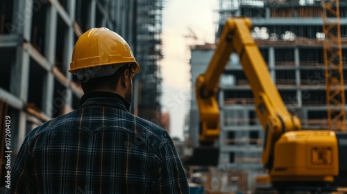 Construction Worker with Robotic Arm at Site