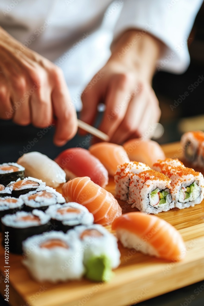 Chef slicing fresh sushi with precision on a wooden board Chef slicing fresh sushi with precision on a wooden board