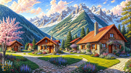 Idyllic countryside summer landscape with wooden old houses, beautiful flowers and trees with the Alp mountains in the background, oil painting on canvas photo