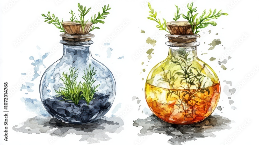 Two decorative bottles filled with vibrant plants and colorful liquids. Two decorative bottles filled with vibrant plants and colorful liquids.