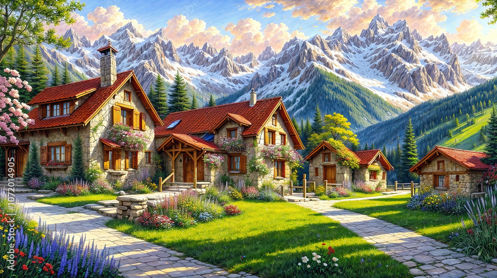 Obraz premium Idyllic countryside summer landscape with wooden old houses, beautiful flowers and trees with the Alp mountains in the background, oil painting on canvas