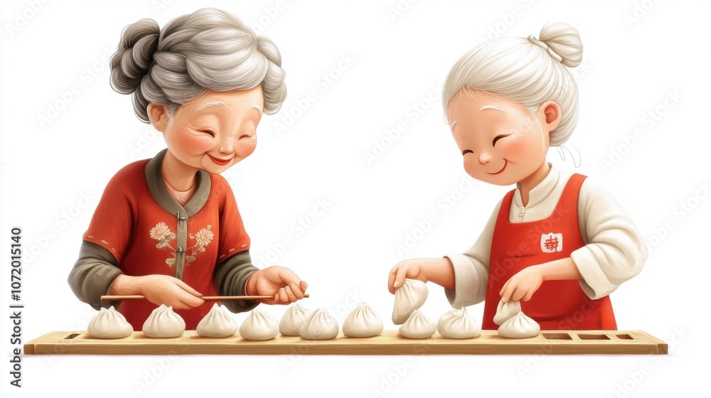 Naklejka premium Two happy grandmothers preparing traditional dumplings together with joy.