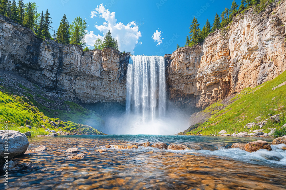 Fototapeta premium Waterfall flowing into a tranquil lake in a forest
