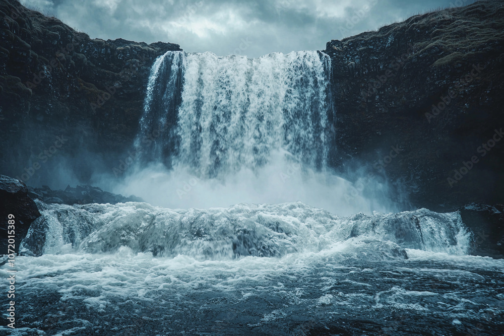 Obraz premium Majestic waterfall cascading over rocks under a cloudy sky