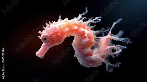 A delicate pink seahorse seems to hover and flow within the shadows of the deep sea, under an enigmatic oceanic environment highlighted by soft light.