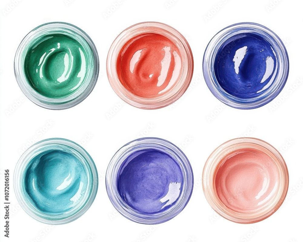 Vibrant and colorful jars of cream showcasing a variety of pastel shades. Vibrant and colorful jars of cream showcasing a variety of pastel shades.