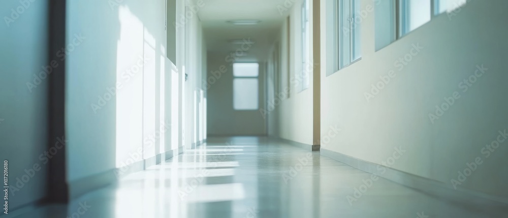 Obraz premium Sunlight streams quietly down a deserted hallway, casting long, contemplative shadows that echo soothing silence and solitude.