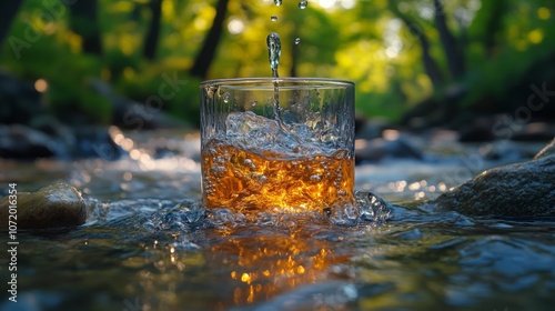 Refreshing Elegance: Clear Water Pouring into Glass with Lush Green Summer Forest Backdrop