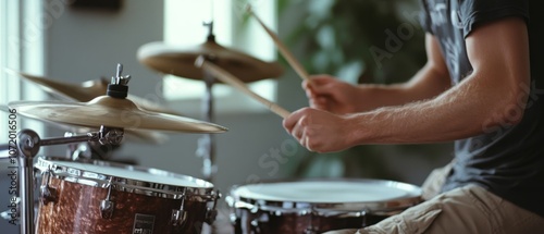 A drummer passionately plays the drum set, captured mid-action in a sunlit room, highlighting energy and rhythm.