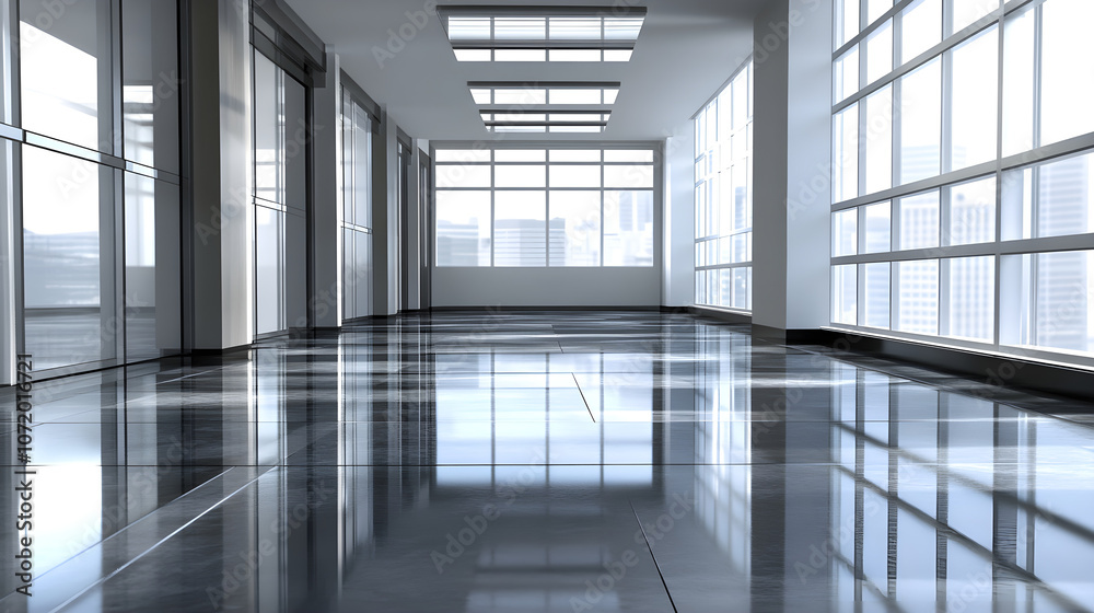 Fototapeta premium modern corporate office hallway with glass walls and polished floors. Natural light floods space,
