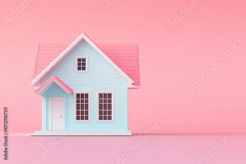 A charming pastel house made of wood, featuring a light blue facade and a pink roof, set against a soft pink background.