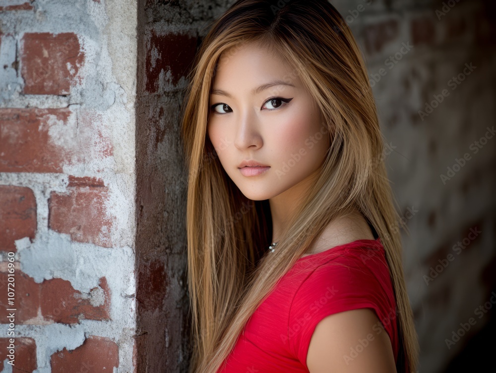 Fototapeta premium Model in Red Shirt Leaning Against Wall