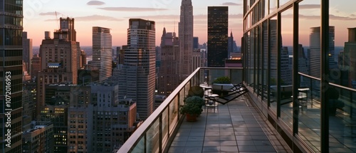 An urban balcony overlooks a spectacular city skyline at sunset, offering a tranquil retreat with a breathtaking panoramic view.