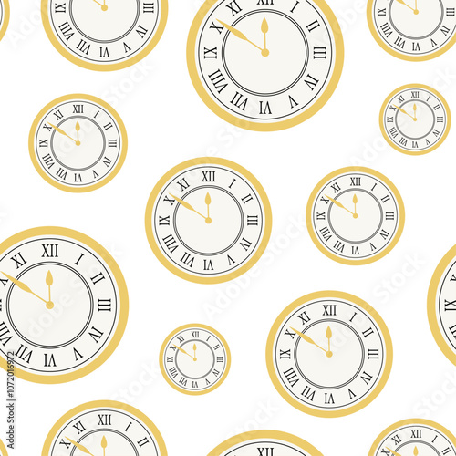 Seamless pattern for packaging and wrapping paper. Round wall clock with hands in a gold metal frame on a white background. Vector illustration. Print for gift bag. New Year and time change. Ornament.