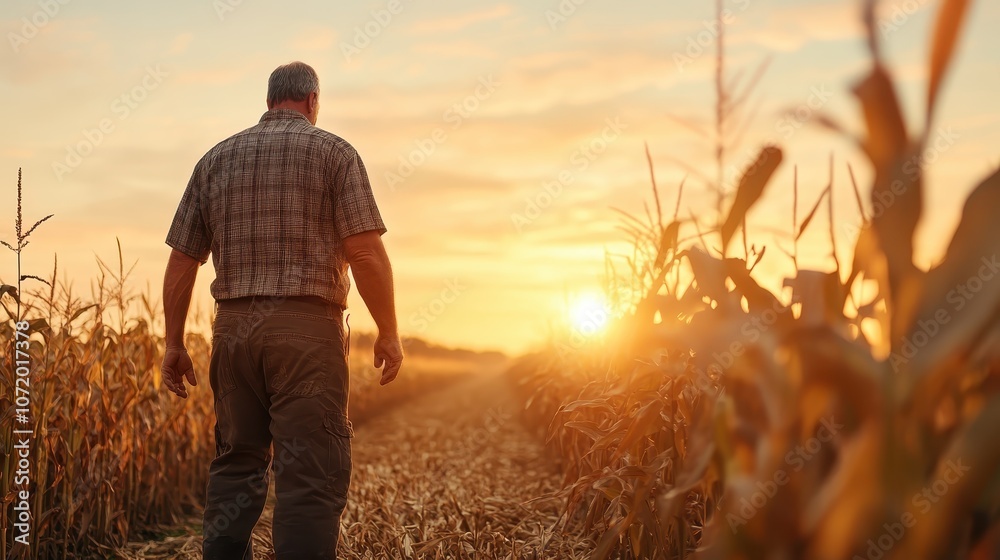 An older farmer walks through a harvested cornfield, silhouetted against the warm glow of the setting sun, evoking themes of hard work and a rural lifestyle. An older farmer walks through a harvested cornfield, silhouetted against the warm glow of the setting sun, evoking themes of hard work and a rural lifestyle.
