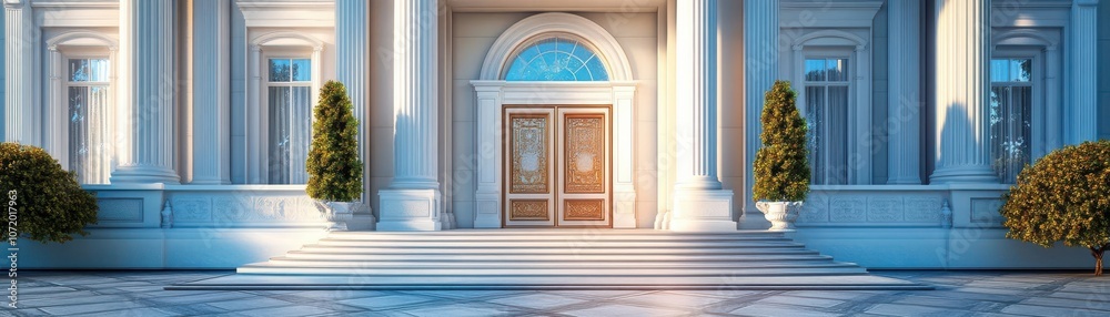 A grand entrance features ornate double doors, elegant columns, and manicured greenery, exuding sophistication and timeless beauty. A grand entrance features ornate double doors, elegant columns, and manicured greenery, exuding sophistication and timeless beauty.