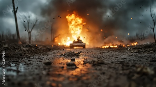 A tank moves forward amidst an explosive scene filled with blazing flames, debris scattering the ground, capturing the raw fury and chaos of battle. photo