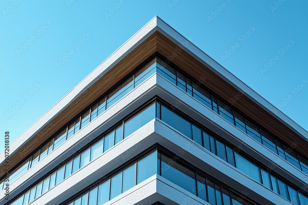 Sleek office building design under clear blue sky Sleek office building design under clear blue sky