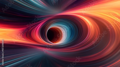 Abstract swirling red, orange, and blue lines forming a vortex leading to a black hole.