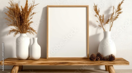 A minimalist decor setup featuring elegant wooden elements, white vases, and pinecones, all placed strategically to enhance the room's serene and stylish atmosphere. photo